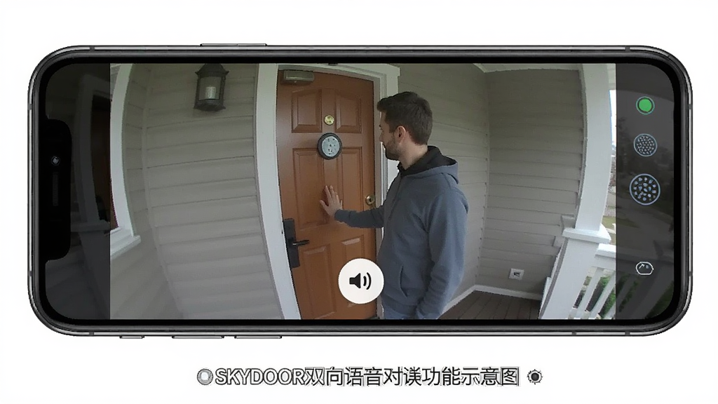 SKYDOOR双向语音对讲功能示意图,手机屏幕显示门铃摄像头画面,画面中有一访客站在门口,界面有语音通话图标,风格写实,画质清晰,突出对讲功能,无多余元素