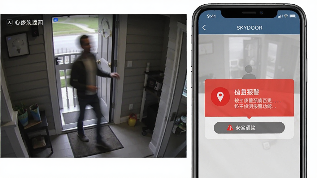 SKYDOOR移动侦测报警功能展示,手机收到报警通知,画面显示门口有人影移动的监控截图,界面有报警提示弹窗,风格写实,画质清晰,强调安全预警,无多余元素