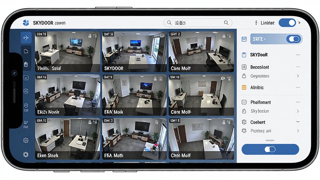 SKYDOOR多设备管理界面,手机屏幕显示多个监控画面缩略图,每个画面标注不同地点,界面有设备列表和切换按钮,布局整洁,画质清晰,无多余元素