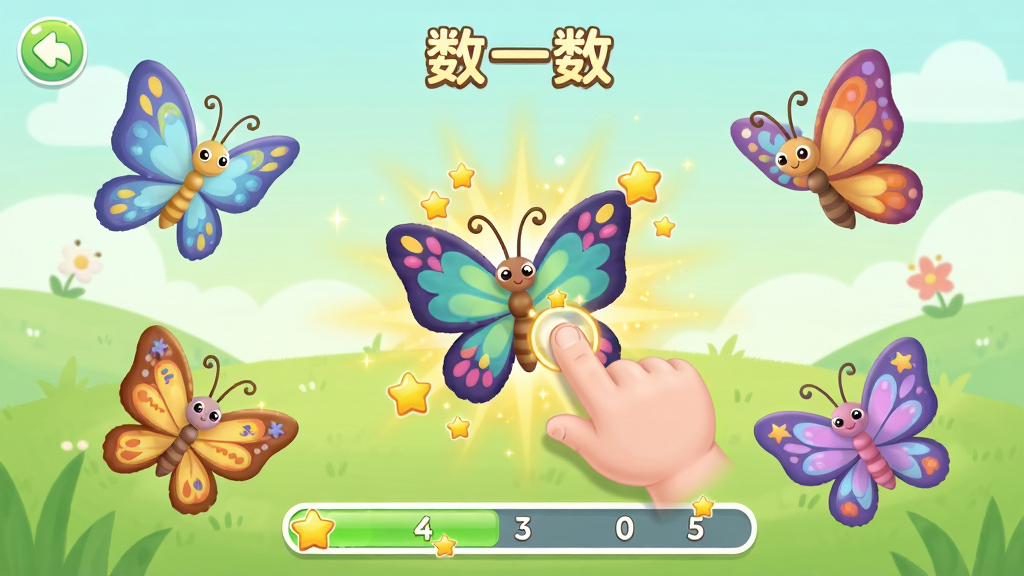 ��������Ϊ������������APP�ġ���һ������Ϸ���棬��Ļ��ɢ������ֻɫ�ʰ�쵵Ŀ�ͨ����������һֻ��������С�ֵ㰴��������ɫ��â�����ֻ��ã�������С��һ�طֲ��ڻ���������·������ֽ�������ʾ�ѵ����������Ű������Ϸ�������񣬱����ǵ���ɫ�Ĳݵأ�ϸ���Ϻ�������л��ƣ��㰴��ЧΪ���ǣ�����ϸ����ͣ��ɾ��޶���Ԫ�أ����ֻ���������Ȥζ�ԡ�
