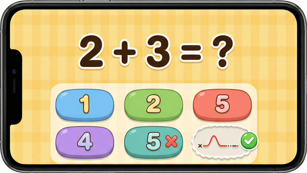��������Ϊ������������APP�Ŀ�����ϰ���棬��Ļ������ʾһ���򵥵ļӷ��⡰2 + 3 = ?�����·��п�ͨ���ּ��̡�������������Ŀ��������Ŀ�����̰�ťԲ��ɰ����Ű��������ˣ�������ů��ɫ���е����ĸ���������ϸ�������ּ����в�ͬ��ɫ�ķ���������𰸺����ʾ�Դ����ţ����ʸ����������ɾ��޶���Ԫ�أ��۽���������ϰ������