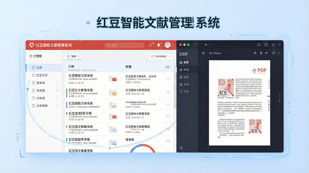一张现代简约风格的科技感宣传图,主体是“红豆智能文献管理系统”的界面展示,左侧为文献列表,右侧为PDF阅读器,背景为淡蓝色渐变,布局清晰,排版规整,风格扁平化,细节丰富,画质高清,干净无多余元素