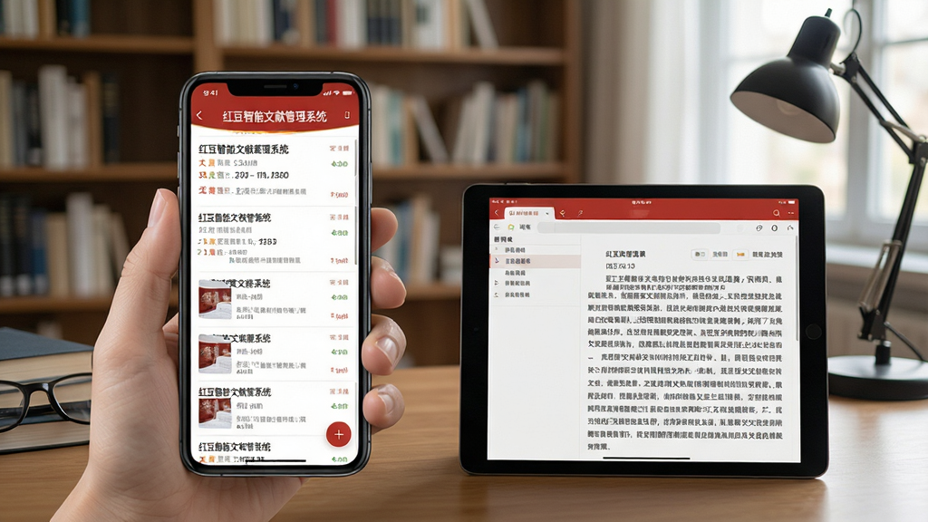 一张“红豆智能文献管理系统”在手机和平板上的使用场景图,主体为手机界面,显示文献列表和阅读器,背景为书房,布局自然,排版清晰,风格写实,细节丰富,画质高清,干净无多余元素