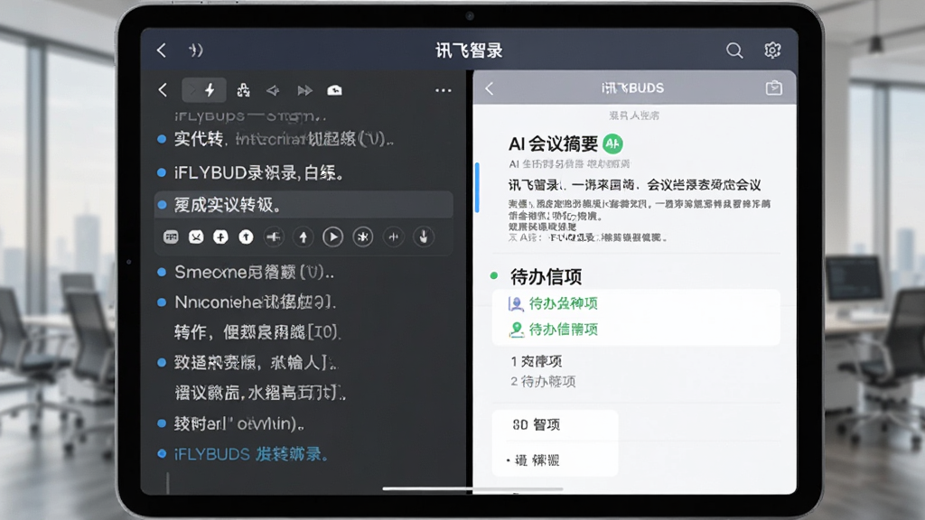 展示iFLYBUDS应用在平板电脑上的分屏界面,左侧为实时转写文字流,右侧为AI生成的会议摘要与待办事项列表,顶部有“讯飞智录”字样,背景是模糊的现代办公室环境,布局清晰,风格商务简洁,细节突出文字识别与智能分析功能,画质细腻干净