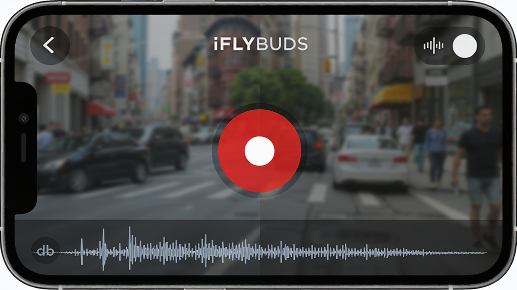 展示iFLYBUDS录音界面的手机截图,界面中央有醒目的红色录音按钮,下方实时显示分贝波形,右上角有降噪模式切换图标,背景为动态模糊的嘈杂环境,前后对比明显,风格简洁直观,细节突出录音与降噪功能,画质高清无杂物