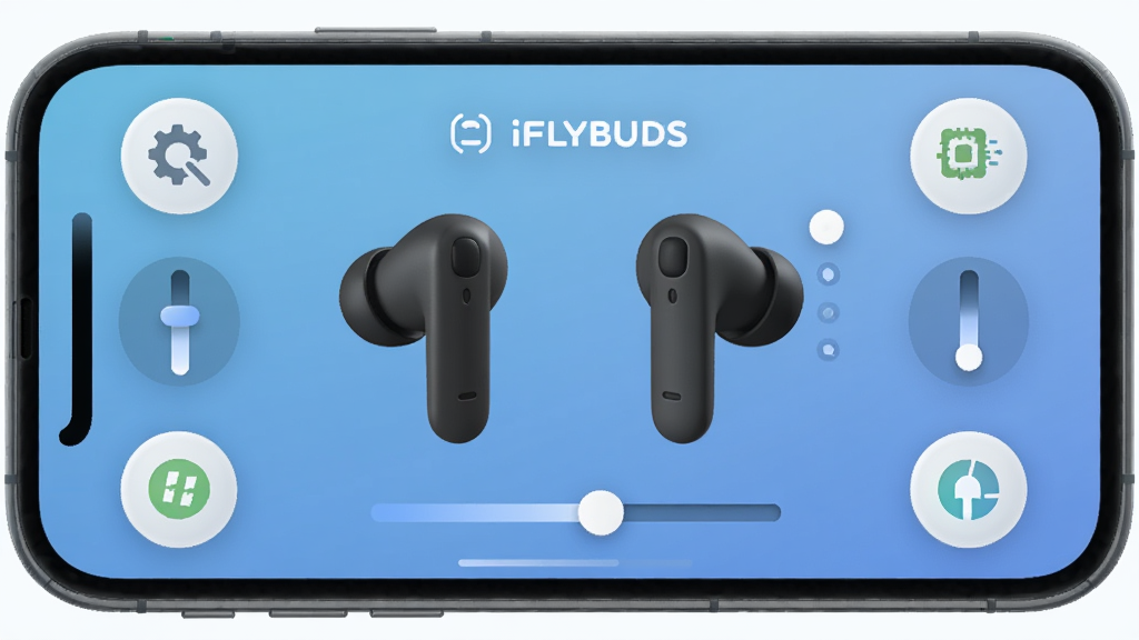 一张展示iFLYBUDS耳机管理界面的图片,手机屏幕中显示耳机左右耳的3D模型,周围环绕着触控设置、均衡器调节、固件更新等选项图标,背景为柔和的科技蓝渐变,风格圆润亲和,布局有序,细节包括耳机外观和设置滑杆,画质清晰干净