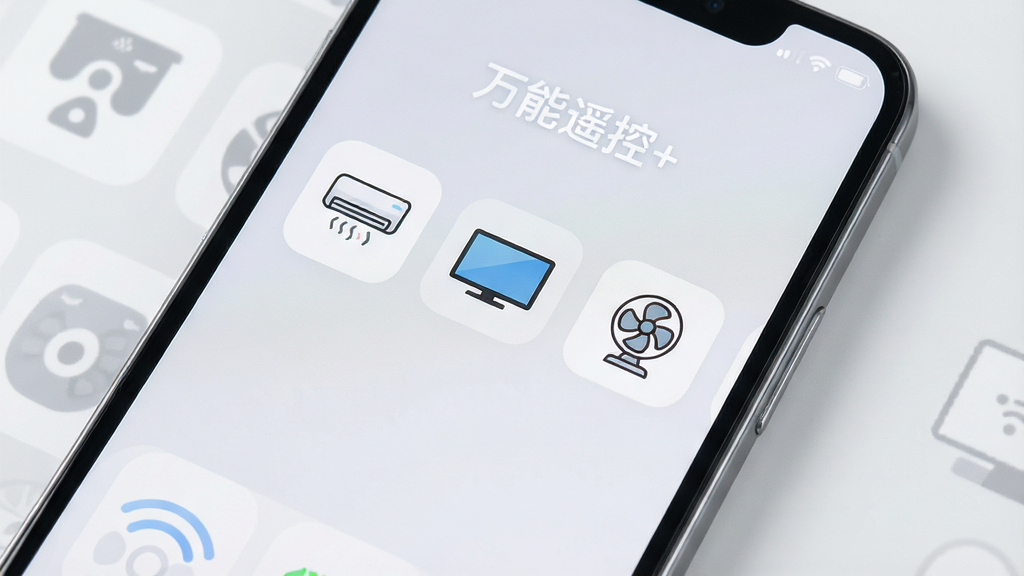 一张现代简约风格的智能手机屏幕特写,屏幕中央显示“万能遥控+”应用界面,界面中有空调、电视、风扇等家电图标,背景为干净的浅灰色,光线柔和,突出手机与家电互联的智能场景,画质高清,干净无多余元素