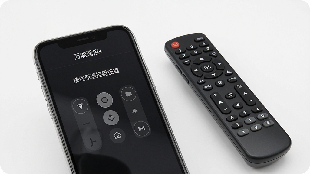 一张演示红外学习功能的示意图,手机屏幕显示“万能遥控+”的学习界面,界面中有“按住原遥控器按键”的提示,旁边放置一个实体遥控器,背景简洁,突出学习配对过程,画质通透,干净无多余元素