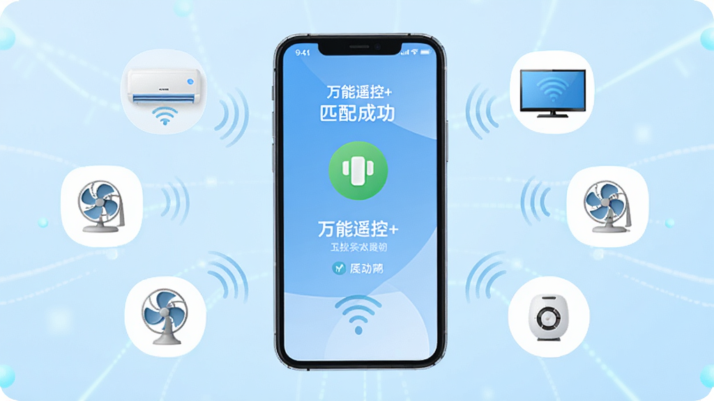 一张手机连接智能家居的示意图,手机屏幕显示“万能遥控+”的匹配成功界面,周围有空调、电视、风扇等设备图标,背景为浅蓝色科技感渐变,干净无多余元素,画质高清