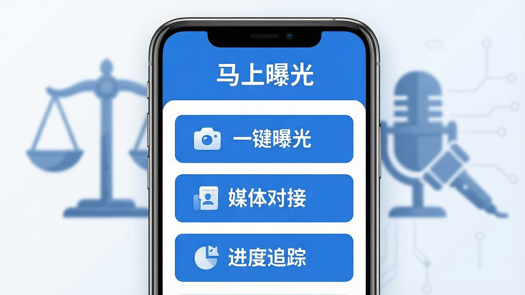 主体:手机屏幕展示“马上曝光”App界面,界面中有“一键曝光”、“媒体对接”、“进度追踪”等模块,背景为天平与话筒图标。布局:居中构图,手机模型占据画面中心,背景简洁。排版:App界面清晰显示功能按钮,文字标签醒目。风格:现代扁平化,色调以蓝白为主,体现公正与科技感。细节:界面图标精致,光线柔和,突出“维权曝光”主题。画质:4K超清,干净无多余元素。