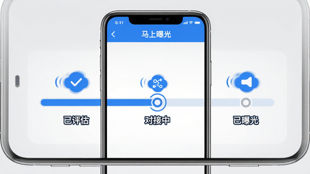 主体:手机屏幕显示“马上曝光”App的进度追踪界面,进度条显示“已评估”、“对接中”、“已曝光”等状态。布局:手机居中,背景为淡灰色。排版:进度条清晰,状态标签醒目。风格:扁平化UI,蓝色主调。细节:状态图标有动态效果。画质:高清,干净无多余元素。