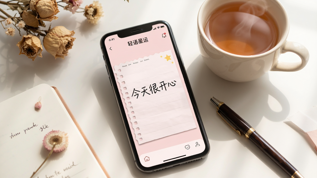 ��������Ϊ�ֻ���Ļչʾ���������ˡ��������ռǽ��棬��Ļ������д�����֡�����ܿ��ġ��������ǵ���ɫ��ֽ�ƣ��ֻ��Ա߷���һ���Ȳ��һ֧�ʣ���Χ�иɻ��ͱʼǱ���װ�Σ�������ͣ���ͼ���ֻ�Ϊ���ģ�����������գ����ʸɾ����޶���Ԫ��