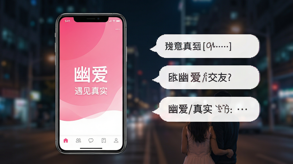 主体:智能手机屏幕展示幽爱交友App界面,屏幕中央显示“幽爱”品牌Logo与“遇见真实”标语。布局:手机位于画面中心偏左,右侧留白放置文字气泡。排版:界面清晰,底部导航栏图标分明。风格:现代扁平化设计,色调以粉色与白色渐变为主。细节:背景为模糊的城市夜景,模拟真实约会场景。画质:高清渲染,干净无多余元素。