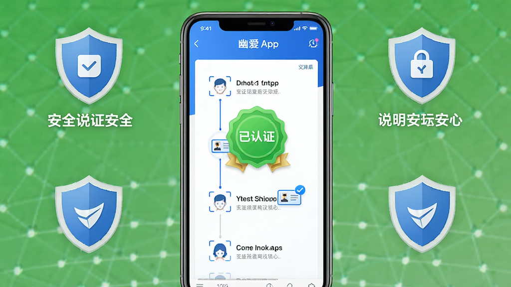 主体:幽爱App的真人认证流程界面,显示“已认证”绿色徽章。布局:界面截图居中展示,四周辅以盾牌图标与安全说明文字。排版:认证步骤以垂直时间轴呈现。风格:简洁商务风,蓝白配色。细节:突出人脸识别与身份证验证图标。画质:清晰锐利,无冗余装饰。