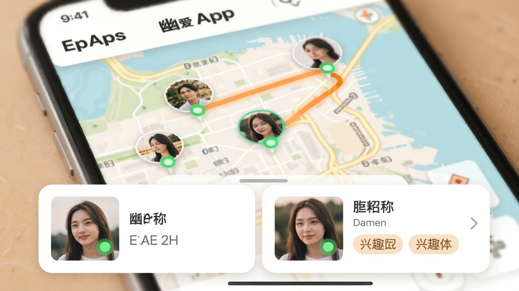 主体:幽爱App地图匹配界面,显示附近用户头像与位置标记。布局:地图占据主画面,底部弹出推荐用户卡片。排版:卡片展示照片、昵称、距离与兴趣标签。风格:清新自然风,暖色调。细节:用户头像带绿色在线圆点,地图路径高亮显示。画质:细腻柔和,焦点清晰。