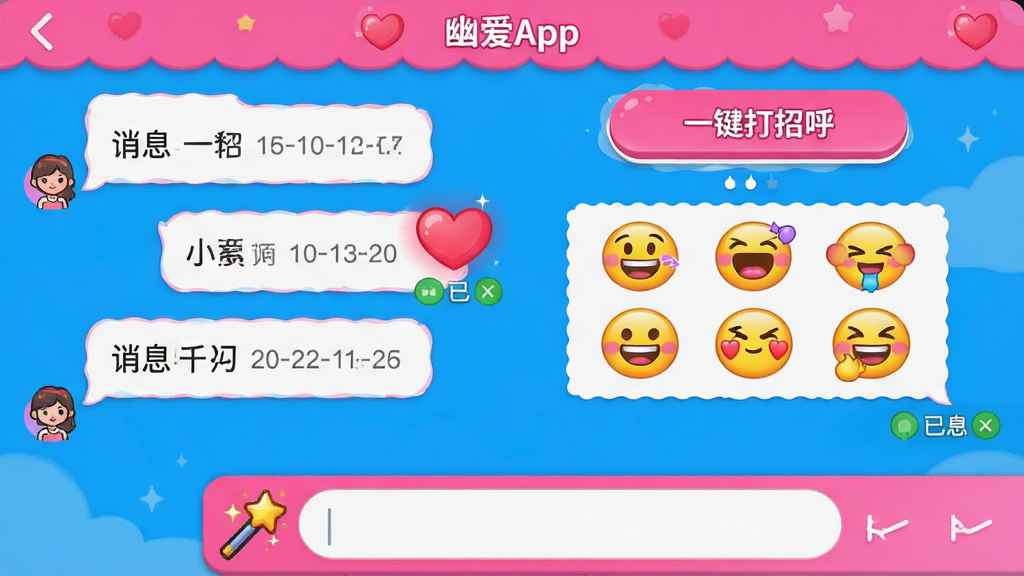 主体:幽爱App聊天界面,展示“一键打招呼”按钮与趣味表情包。布局:聊天气泡左右分布,底部输入栏带有魔法棒图标。排版:对话内容清晰可读,时间戳分明。风格:活泼可爱风,粉蓝撞色。细节:比心动画特效,消息已读回执。画质:生动鲜明,无多余元素。
