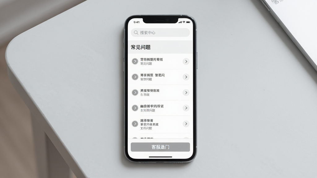 主体:智能手机展示幽爱App的帮助中心页面,屏幕上有“常见问题”列表。布局:手机位于画面中央,背景为浅灰色桌面。排版:问题列表清晰,每行有箭头图标。风格:极简商务风,白灰配色。细节:顶部搜索栏,底部客服入口。画质:高清,干净整洁。