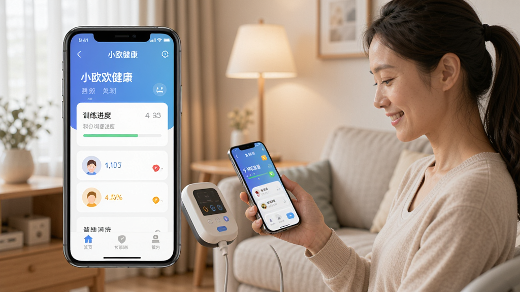 一张展示小欧健康APP在手机屏幕上运行的预览图,画面中央是APP主界面,背景为温馨的居家环境,一位女性正微笑着使用手机连接康复设备,界面显示训练进度和积分,整体色调柔和,风格现代简约,画质清晰干净,无多余元素