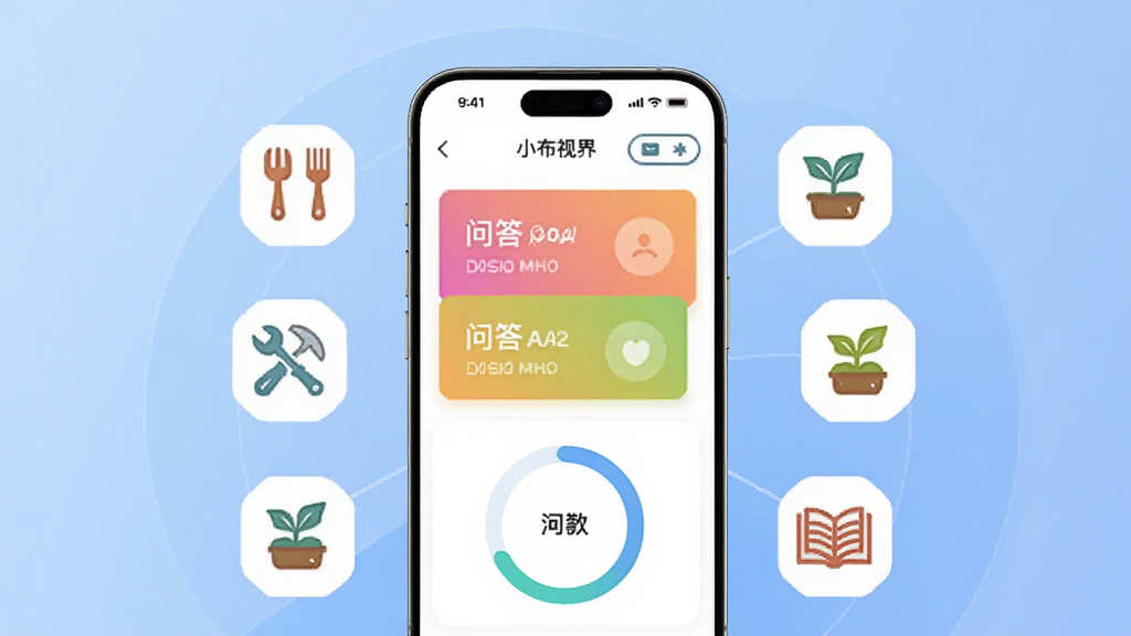 一幅展示小布视界APP核心界面的高清数字插图,画面中央是一部智能手机,屏幕中显示着多彩的问答卡片和进度环,周围环绕着代表生活百科的图标如厨具、工具、植物和书籍,背景是柔和的渐变蓝色,整体布局清晰,风格现代简约,细节丰富,画质干净无多余元素