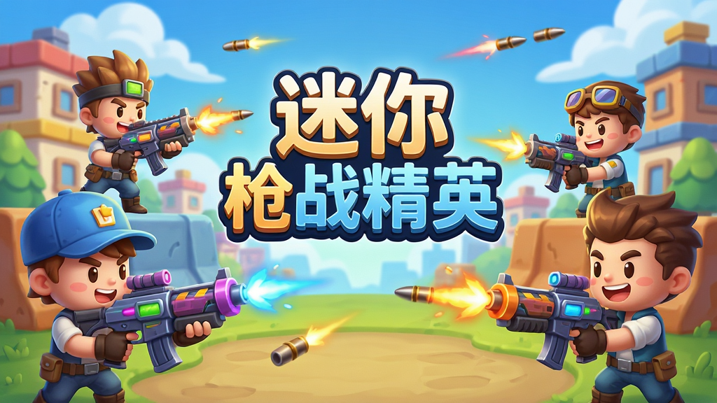 主体:《迷你枪战精英》游戏主视觉图,展示多名Q版角色手持各异炫酷枪械,在色彩明亮的卡通风格战场中对峙。布局:中心位置为游戏LOGO“迷你枪战精英”,周围环绕主要游戏角色,背景为蓝天白云下的迷你世界风格建筑与掩体。排版:画面饱满富有层次感,角色分布错落有致,突出欢快氛围。风格:明亮Q版卡通渲染,色彩鲜艳,光影柔和,符合休闲射击游戏气质。细节:枪口有彩色光效,角色表情生动活泼,空中飘有弹道特效。画质:高清细腻,干净无多余元素。