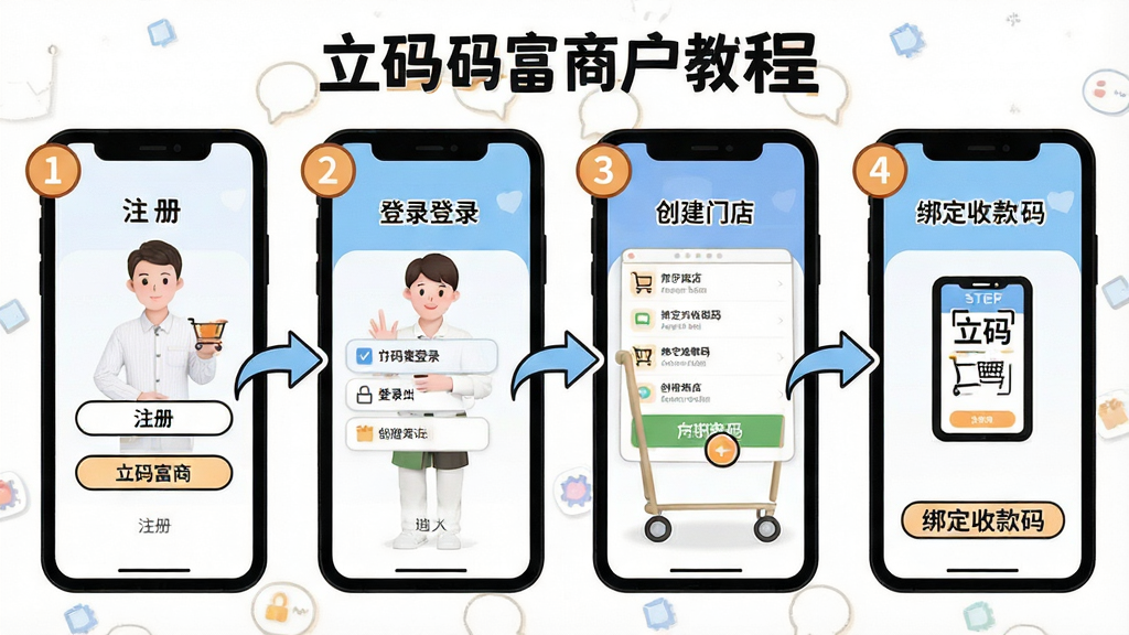 һ��չʾ���븻�̻�ʹ�ý̵̳Ĳ���ͼ������Ϊ�ֻ���Ļ�ϵĲ������̣�����ע�ᡢ��¼�������ŵꡢ���տ����ĸ����裬ÿ�����������ֱ�������ֺ������У��Ű����������ͨ��ϸ�ڰ�����ͷָ�������ʸɾ������ֱ�ע�����븻�̻��̡̳�