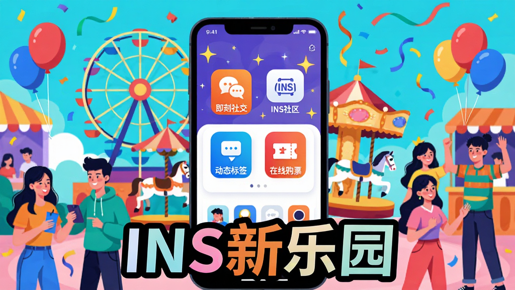 主体:一幅充满活力与时尚感的数字插画,展示INS新乐园App在手机屏幕上运行,周围环绕着五彩缤纷的游乐园元素,如摩天轮、旋转木马、气球和彩带。布局:手机位于画面中央,占据主要视觉区域,背景是热闹的社交场景,有年轻男女在互动、聊天、跳舞。排版:画面下方有醒目的“INS新乐园”字样,字体现代活泼,颜色鲜艳。风格:扁平化插画风格,色彩明亮,对比度高,充满青春气息。细节:手机屏幕上显示软件界面,有“即刻社交”、“INS社区”、“动态标签”、“在线购票”等图标,背景有星光和闪光效果,象征社交的惊喜与连接。画质:高清,干净,无多余元素。