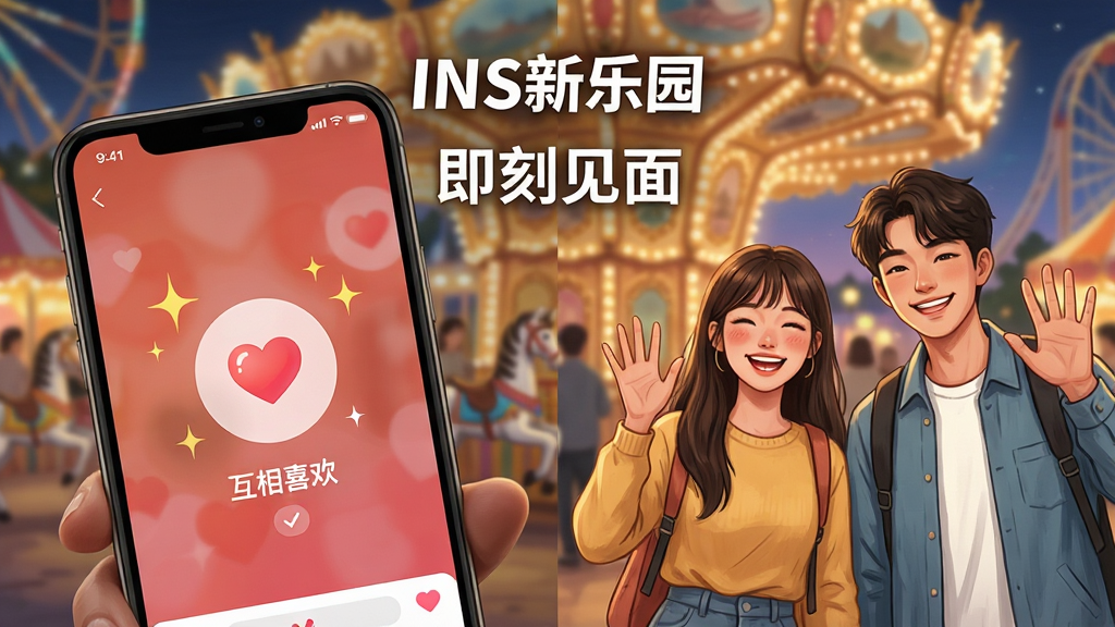 主体:一张动态场景图,展示两个年轻人通过INS新乐园App匹配成功后,在游乐园门口开心见面的画面。布局:左侧是手机界面特写,显示“互相喜欢”的匹配成功动画,右侧是两人挥手打招呼的实景。排版:画面中央上方有“INS新乐园”的Logo和“即刻见面”的标语。风格:写实与插画结合,色调温暖明亮,突出喜悦氛围。细节:手机屏幕上有爱心和闪光特效,背景是模糊的游乐园灯光,人物表情自然开心。画质:高清,干净,无多余元素。