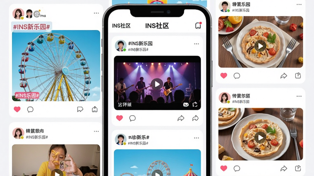 主体:一幅社交媒体风格插画,展示INS新乐园App的社区页面,上面有用户发布的游乐园照片、视频和动态文字。布局:中央是手机屏幕,屏幕内展示瀑布流式的帖子,有摩天轮自拍、乐队表演视频、美食打卡图等。排版:页面顶部有“INS社区”标题,帖子下方有爱心、评论、转发图标。风格:明亮清新的APP界面风格,扁平化设计,色彩丰富。细节:帖子内容包含“#INS新乐园#”话题标签,有用户头像和昵称,整体氛围轻松活泼。画质:高清,干净,无多余元素。