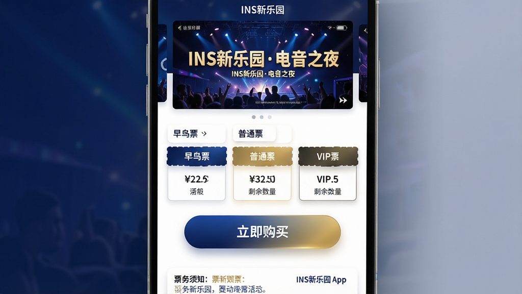 主体:一幅购票界面示意图,展示INS新乐园App的在线购票功能。布局:屏幕上方是活动海报轮播图,下方是票档选择区域,有“早鸟票”、“普通票”、“VIP票”选项。排版:中央有“立即购买”按钮,颜色醒目,底部是票务须知。风格:现代商务风格,色彩以深蓝和金色为主,突出品质感。细节:活动海报上有“INS新乐园电音之夜”字样,票档显示价格和剩余数量,按钮有渐变效果。画质:高清,干净,无多余元素。