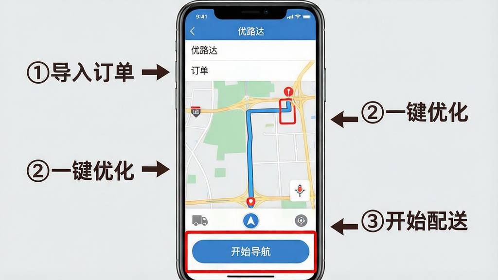 一张清晰的操作演示图,画面为手机竖屏截图,顶部显示“优路达”应用栏,中间为地图路线,底部为“开始导航”大按钮。布局以手机界面为主体,四周围绕步骤标注箭头与文字说明,如“①导入订单”“②一键优化”“③开始配送”。风格为简约教学风,背景浅灰,重点区域用红框圈出。细节上突出按钮位置、菜单层级,文字标注清晰易读。画质干净,无多余元素,适合新手学习。