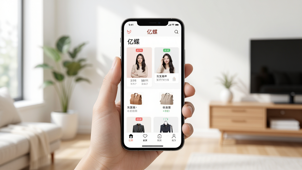 亿蝶APP使用教程场景图,画面为一部手机握在手中,屏幕显示亿蝶APP的购物首页,背景为简约的室内环境,风格干净明亮,突出手机屏幕内容,画质清晰,无多余元素