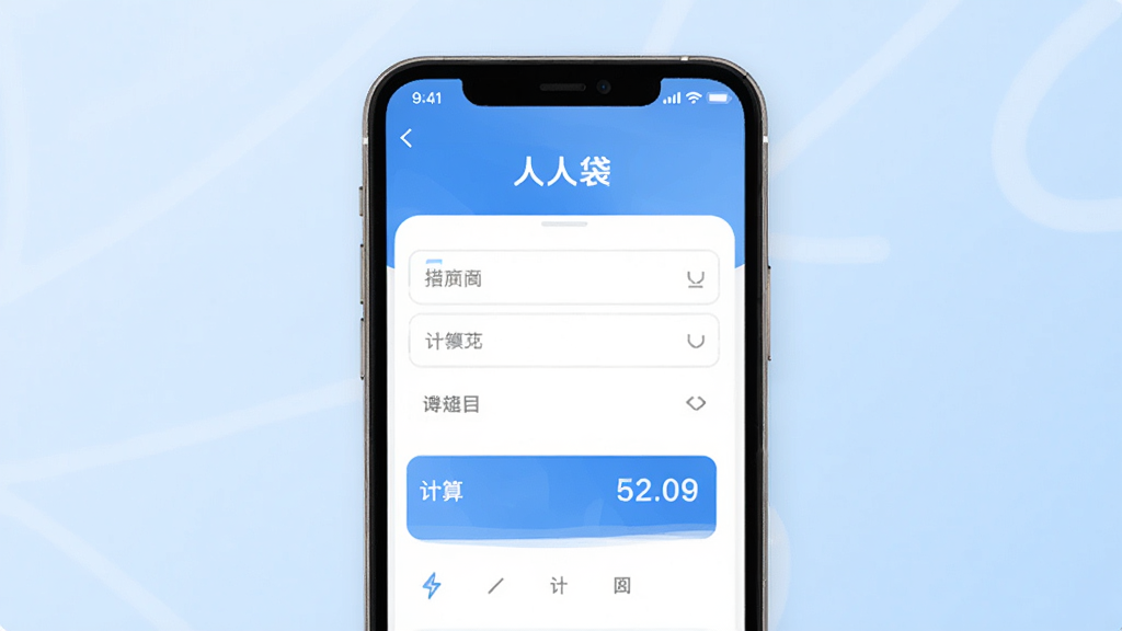 画面中央展示手机界面,界面显示人人袋APP的贷款计算功能,背景为简洁的浅蓝色渐变,整体布局清晰,包含输入框和计算结果区域,风格简洁现代,画质高清干净,无多余元素。