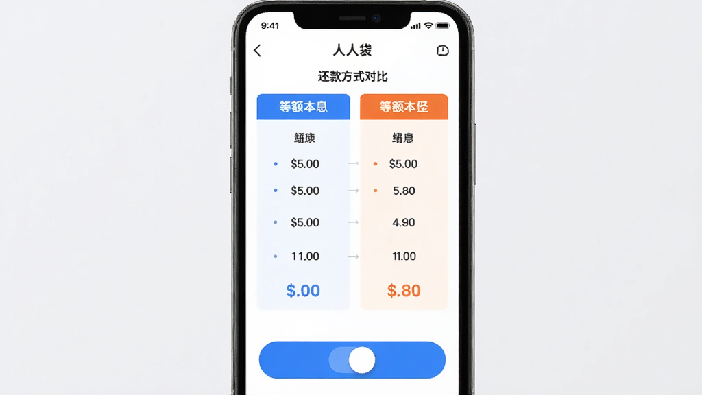 画面展示手机屏幕,人人袋APP中还款方式对比界面,左侧等额本息,右侧等额本金,用不同颜色区分,下方有蓝色切换按钮,整体风格简洁,排版清晰,画质高清。