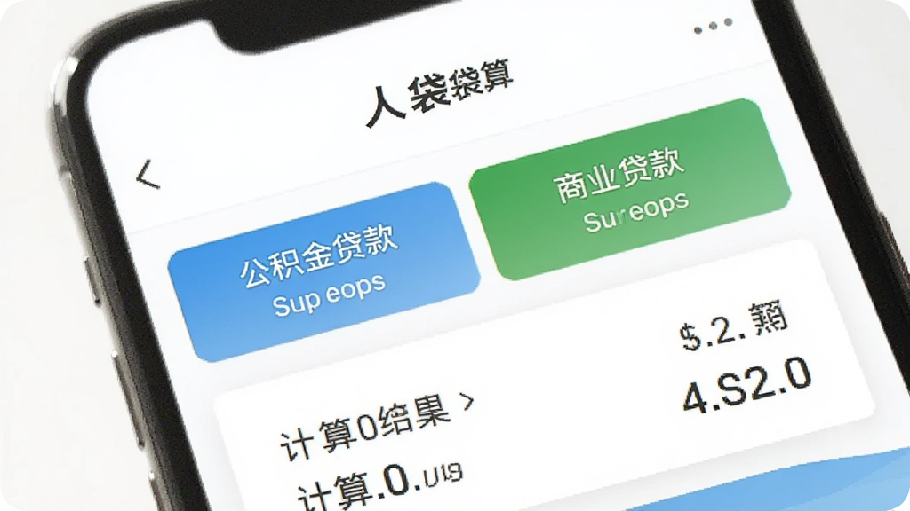 画面展示手机截图,人人袋APP的贷款计算界面,包含公积金贷款和商业贷款选项,下方显示计算结果,背景为白色,界面简洁明快,文字清晰,画质干净。