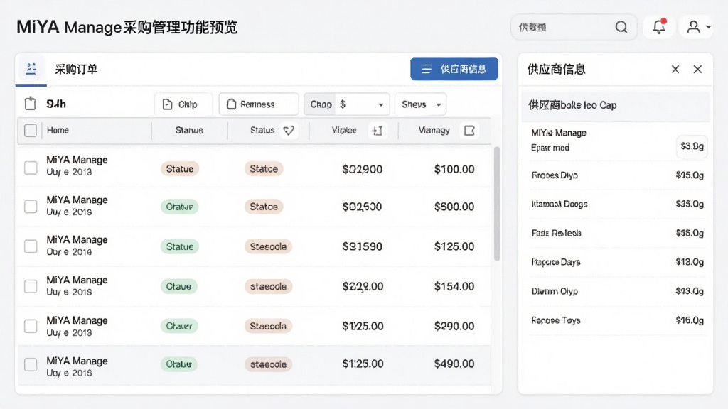 MiYA Manage采购管理功能预览,主体为采购订单列表与供应商信息面板,布局左右分栏,左侧订单表格,右侧供应商详情,排版简洁明了,风格为现代办公风,细节包含状态标签与金额汇总,画质清晰,干净无多余元素