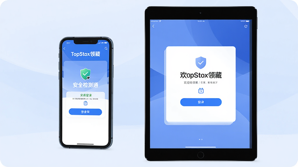 手机与平板并排展示“TopStox领藏”安装与登录界面,屏幕上显示安全检测通过和欢迎页面,背景为淡蓝色渐变,画面简洁明亮,突出安全与可靠感,构图平衡,画质干净,无多余元素
