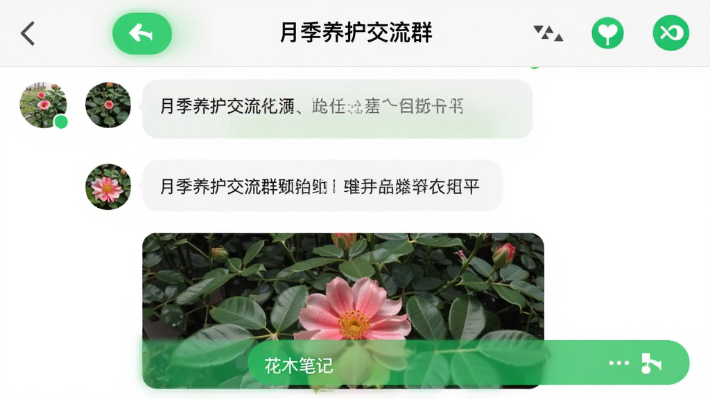 手机聊天界面截图,显示花木笔记的群聊窗口,群名为“月季养护交流群”,屏幕中有多条文字消息和一张植物照片,背景为白色,界面简洁,绿色按钮突出,干净无多余元素,画质清晰。