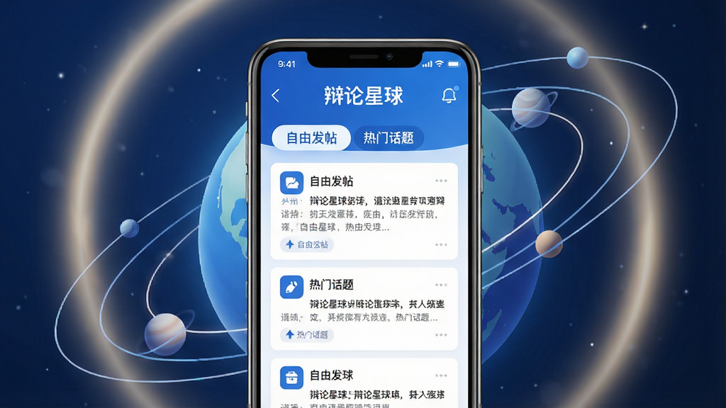 主体:辩论星球手机应用界面展示,屏幕上有“辩论星球”字样及论坛帖子列表。布局:手机居中,屏幕内容清晰可见,周围有柔和的光晕效果。排版:简洁现代,界面元素排列整齐。风格:科技感与学术感结合,色调以蓝白为主。细节:屏幕中显示“自由发帖”、“热门话题”等标签,背景有星球轨道线条装饰。画质:高清渲染,干净,无多余元素。