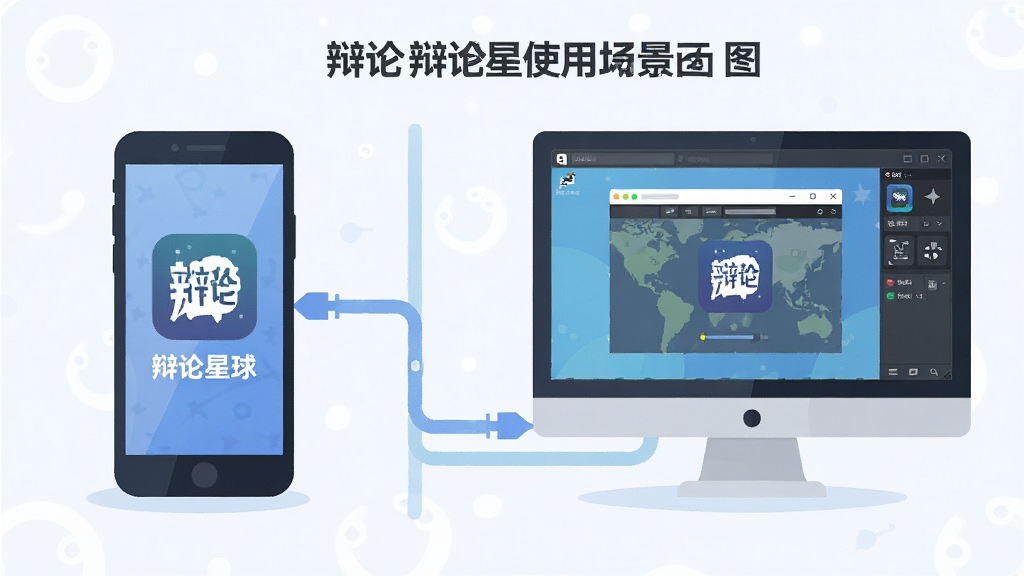 主体:辩论星球使用场景示意图,展示手机与电脑模拟器两种方式。布局:左侧手机,右侧电脑,中间有连接线。排版:对比清晰。风格:扁平化插画风格。细节:手机屏幕上显示“辩论星球”应用图标,电脑屏幕显示模拟器窗口。画质:干净,无多余元素。