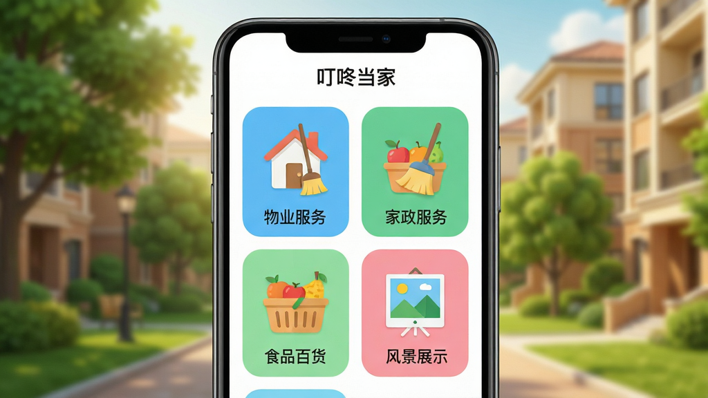 主体:叮咚当家APP的界面展示,手机屏幕上显示物业服务、家政服务、食品百货、风景展示四大功能模块图标。布局:手机居中,屏幕内容清晰可见,背景为温馨的社区环境,有绿树和楼房。排版:界面图标排列整齐,色彩清新,功能名称用中文标注。风格:现代扁平化设计,色彩明亮,干净整洁。细节:手机屏幕上的图标带有小房子、扫帚、水果篮、风景画等元素,背景虚化。画质:高清渲染,细节丰富,干净无多余元素。
