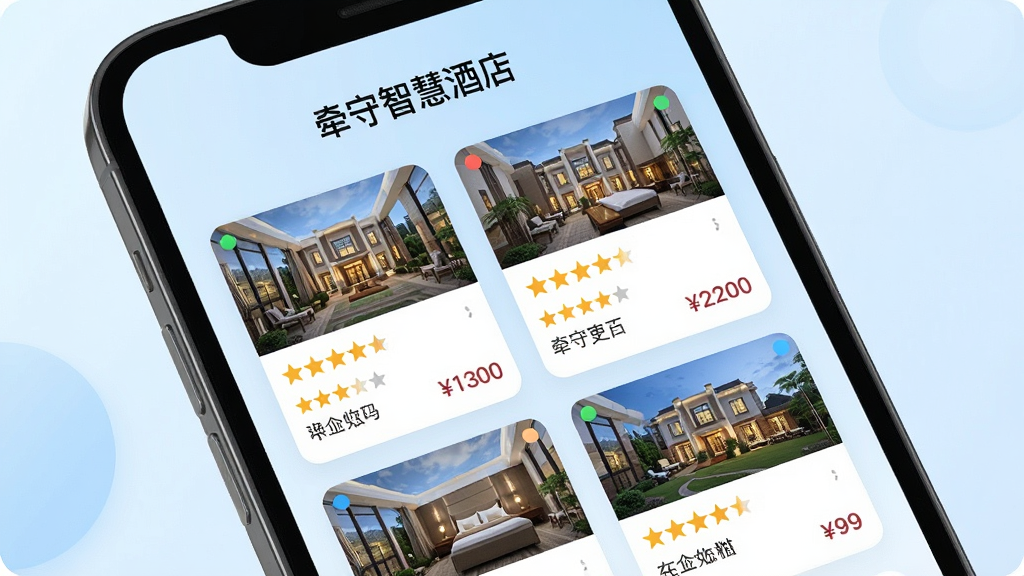 一张智能手机屏幕展示牵守APP主界面,界面风格现代简约,顶部显示“牵守智慧酒店”品牌字样,中间以卡片形式布局多家酒店预订信息,配有星级评分和价格标签,背景为柔和的浅蓝色渐变,整体画面干净明亮,突出APP的便捷预订功能,画质清晰,无多余元素