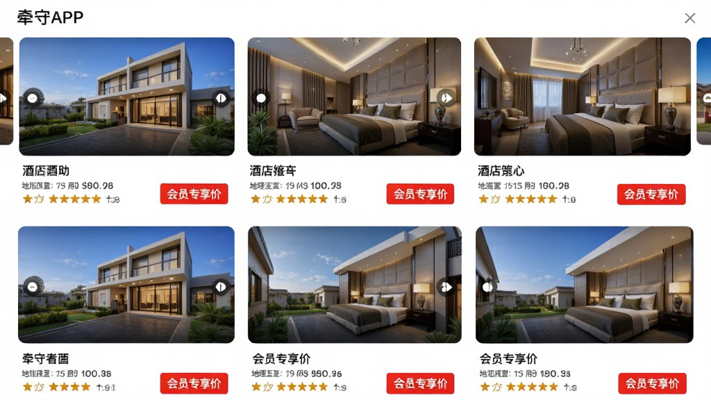 牵守APP的酒店列表页面,屏幕从上到下展示多家酒店的实景图片轮播,每张图片下方标注酒店名称、地理位置、用户评分以及醒目的“会员专享价”红色标签,界面采用列表式布局,信息层级分明,背景为纯白色,画质高清,细节丰富,突出房源选择的多样性