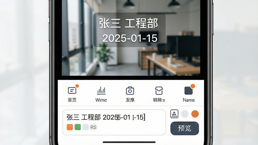 主体:水印相机拍图应用的自定义编辑界面,手机屏幕显示照片编辑页面,底部有文字输入框和字体颜色选择器;布局:照片占据上部,编辑工具栏位于下方;排版:功能图标排列有序,输入框醒目;风格:简洁现代,交互友好;细节:水印文字内容为“张三 工程部 2025-01-15”,字体颜色可选,屏幕上有“预览”按钮;画质:高清,干净,无多余元素