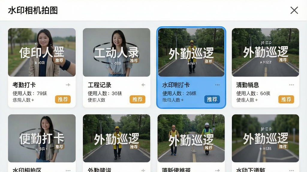 主体:水印相机拍图应用的水印模板选择界面,展示多种模板缩略图,如考勤打卡、工程记录、外勤巡逻等;布局:网格排列,每个模板卡片上有示例照片和水印样式;排版:整齐有序,当前选中的模板高亮显示;风格:扁平化UI设计,色彩清新;细节:模板名称下方有“使用人数”和“推荐”标签,屏幕顶部显示“水印相机拍图”字样;画质:高清,干净,无多余元素