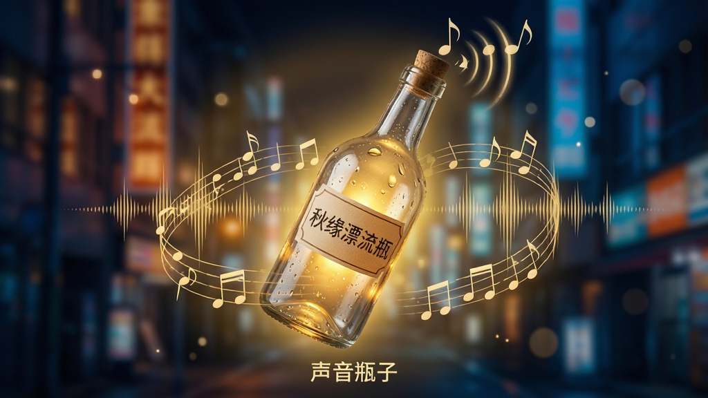 主体:一只半透明的玻璃漂流瓶悬浮在暖黄色光晕中,瓶口飘出一串音符和细腻的声波波纹,瓶身标签写着“秋缘漂流瓶”。布局:瓶子居中,背景是模糊的城市夜景霓虹灯,光线从瓶内向外透出。排版:音符与声波环绕瓶身,形成动感环绕布局,下方有一行小字“声音瓶子”。风格:写实与梦幻结合,光影通透,色彩以琥珀色和深蓝色为主,突出听觉的温暖感。细节:瓶壁有水珠光泽,声波线条清晰可见,背景有微小的光斑。画质:超高清,干净,无多余元素。