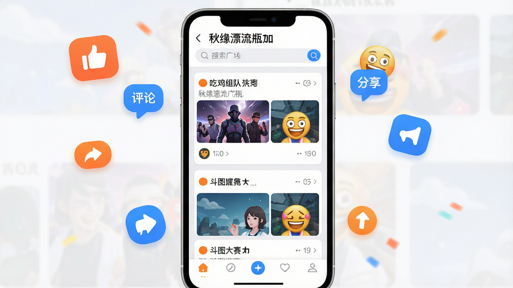 主体:一个手机屏幕放大的界面,展示“秋缘漂流瓶”动态广场,顶部有搜索栏,下方为瀑布流卡片,包含文字、图片和斗图表情。布局:手机屏幕占据画面中央,四周有漂浮的点赞、评论和分享图标。排版:瀑布流卡片错落有致,色彩斑斓,突出热闹活跃的社区氛围。风格:扁平化UI风格,色彩明亮轻快,以白色、浅灰为底,搭配橙色、蓝色高亮按钮。细节:卡片上有“吃鸡组队”、“斗图大赛”等标签,底部有导航栏。画质:高清,干净,无多余元素。