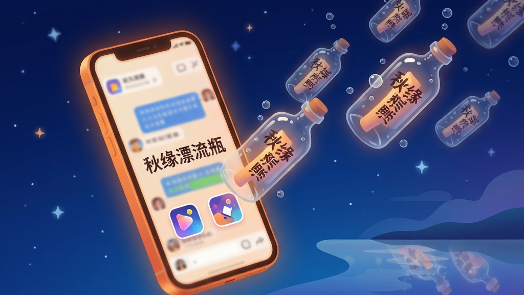 主体:一部亮着温暖橙色光芒的智能手机悬浮在深蓝色星空背景中,屏幕里飘出几只发光的玻璃漂流瓶,瓶身印有“秋缘漂流瓶”字样。布局:手机居中偏左,漂流瓶向右上方散开,右下角有一片静谧的湖面倒影。排版:画面主体突出,留白适中,文字标识置于瓶身与屏幕之间。风格:扁平化插画与轻微3D质感结合,色调以蓝、橙、紫渐变为主,营造浪漫神秘的社交氛围。细节:瓶身有细腻的高光与气泡,屏幕内隐约可见聊天界面与动态广场图标,光线柔和。画质:8K超清,干净,无多余元素。