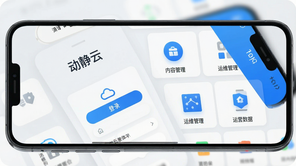 一张展示动静云软件在智能手机上运行的界面截图,界面风格简洁现代,以蓝色为主色调,主屏幕显示登录界面和功能图标,包括内容管理、运维管理、运营数据等模块,背景为浅灰色,画质清晰,干净无多余元素,突出软件名称“动静云”