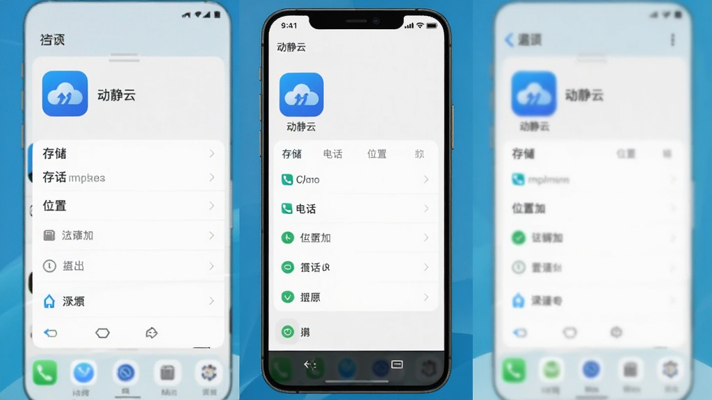 一张展示动静云客户端的应用安装界面与权限设置流程的截图,手机屏幕上显示“动静云”应用图标,下方是权限管理列表,包括存储、电话、位置等,背景为干净的操作系统设置界面,画质清晰,干净无多余元素,包含“动静云”名称
