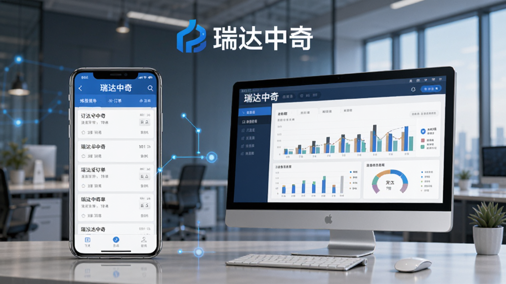瑞达中奇软件在手机和电脑上同步使用的场景示意图,左侧手机显示订单列表,右侧电脑显示报表界面,背景为办公环境,突出“瑞达中奇”品牌,商务科技风格,高清画质